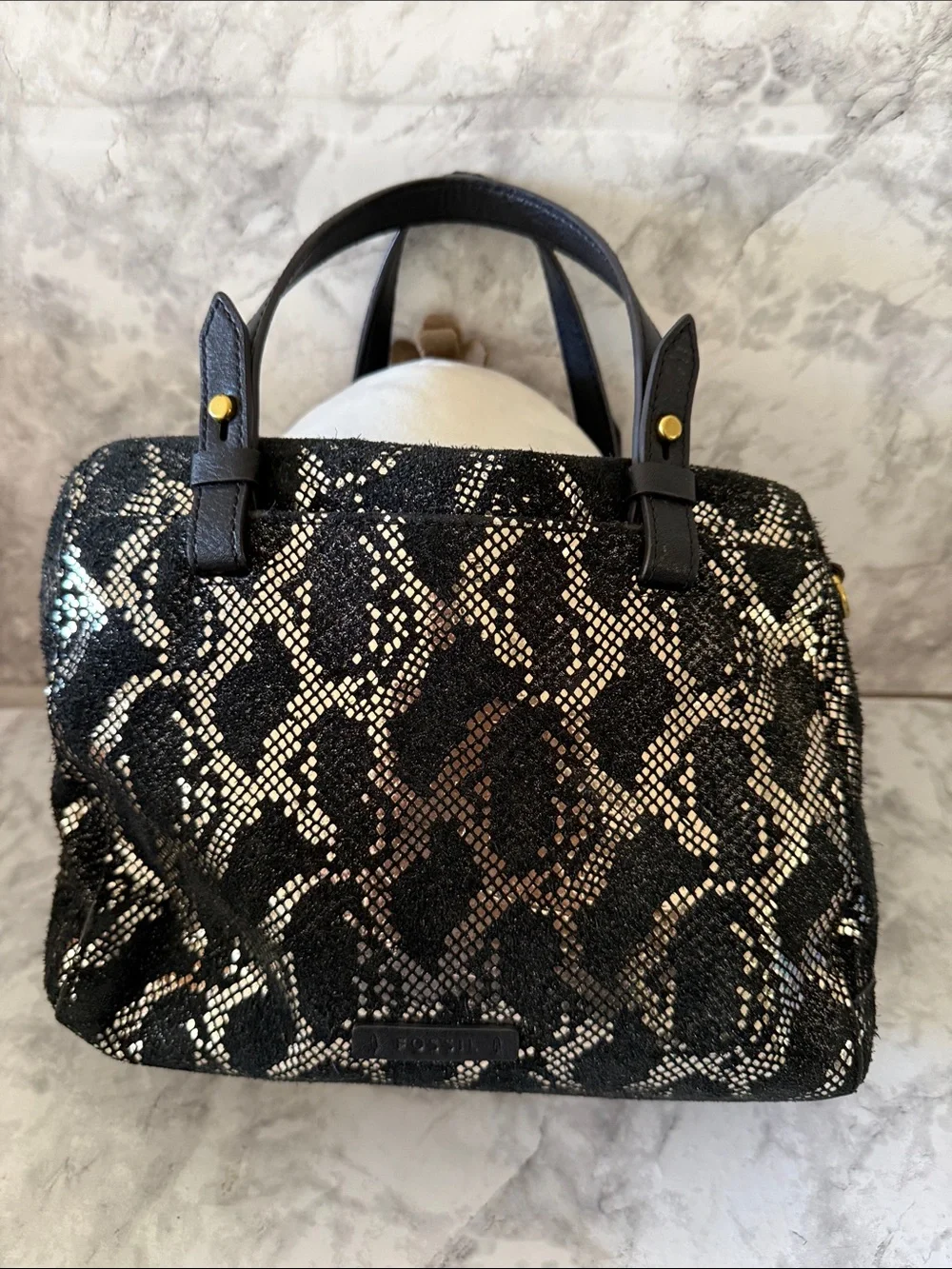 FOSSIL Black and Gold Snake-Print Satchel Handbag and squishmallow
